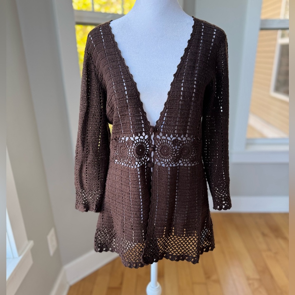 Vintage Nine West Chocolate Brown Linen Crochet Sweater Size Medium